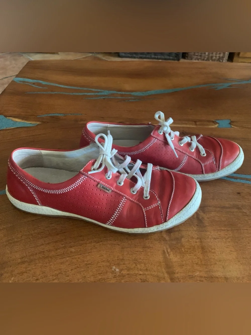 Josef Seibel Women's Red Leather Lace-Up Sneakers with White Accents